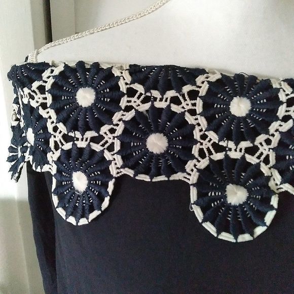 𝅺LOFT Off Shoulder navy pullover daisy collar women Shift Dress tie cuff. Sz. S - Picture 3 of 10